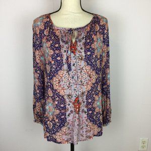 Lucky Brand Blouse Top Size S Womans Purple Red Paisley 3/4 Sleeve Rayon Boho